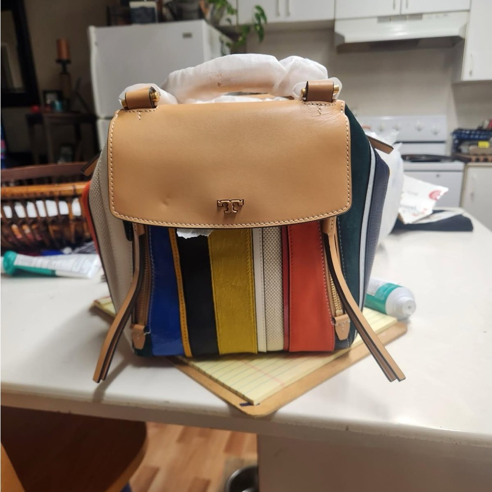 Half-Moon Balloon Stripe Mixed-Media Satchel